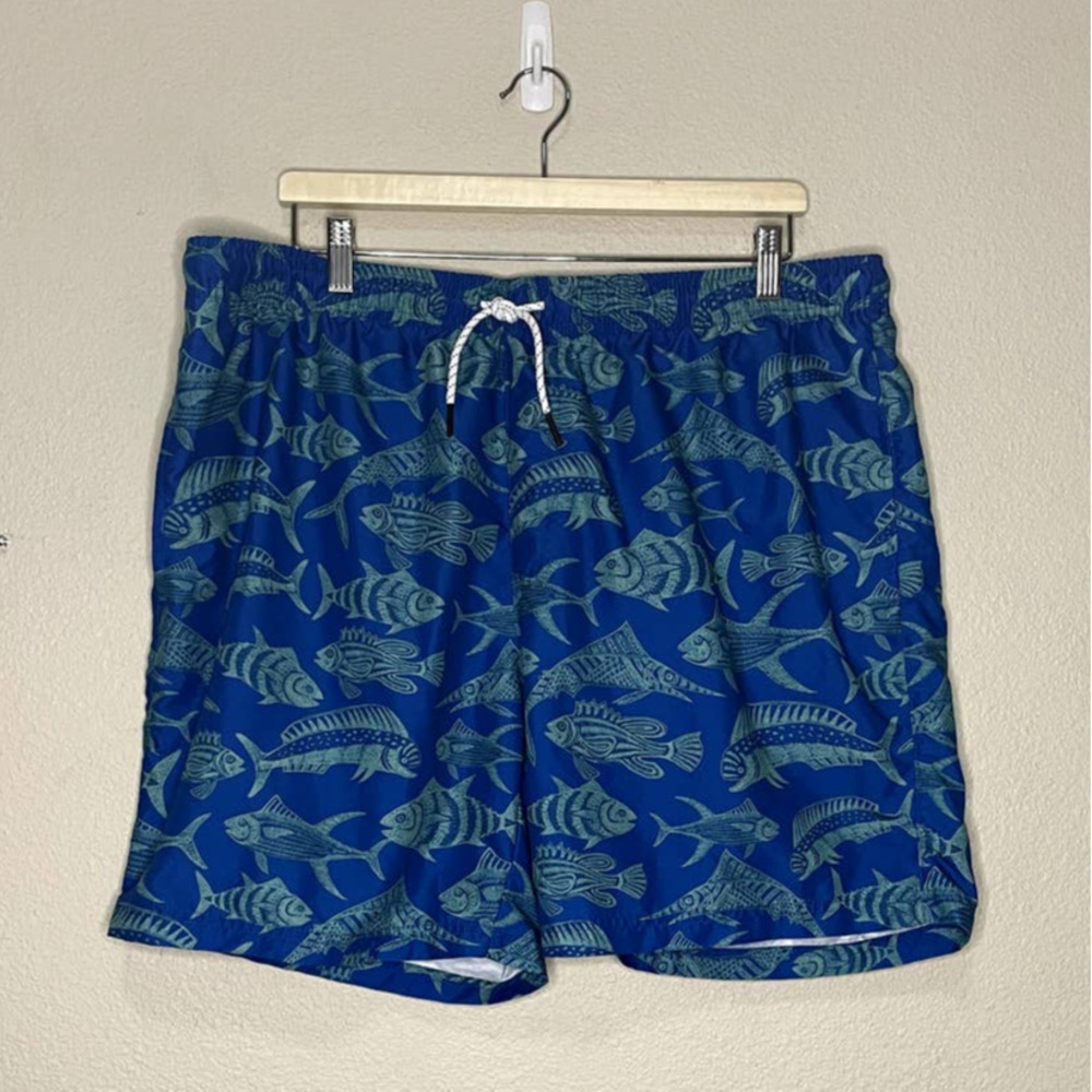Ocean Coast Swim Shorts Mens X Large Blue Green Fish Print Pockets Tie Close